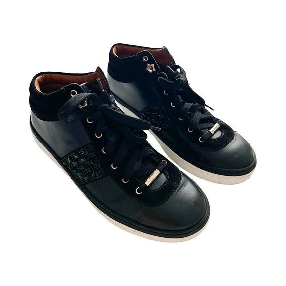 JIMMY CHOO Black Leather and Crystal Studded Suede Bells Lace Up Sneakers Sz 9.5 - Picture 5 of 7